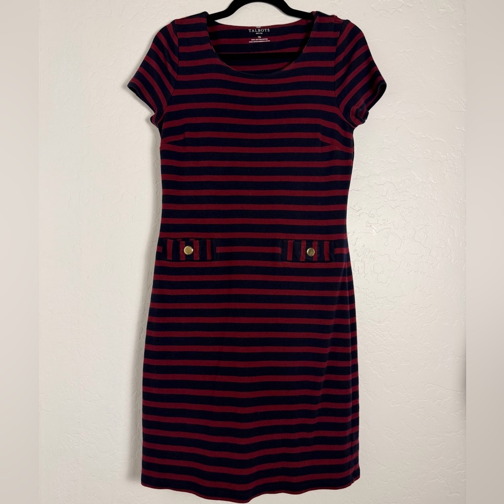 Talbots Striped Short-Sleeve Knit Shift Dress M/p
Maroon/Navy Coastal Preppy